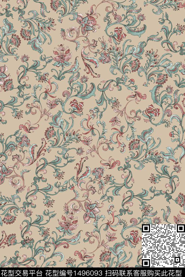 复古花卉大牌风数码印花华亿平台下载（图片编号: 1496093） - 瓦栏（Walan）