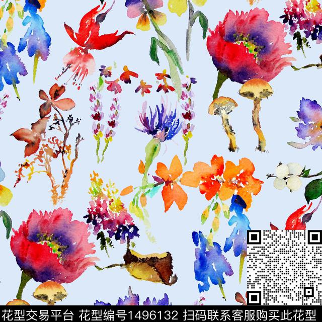 手绘大花poppy蜡笔画数码印花华亿平台下载（图片编号: 1496132） - 瓦栏（Walan）