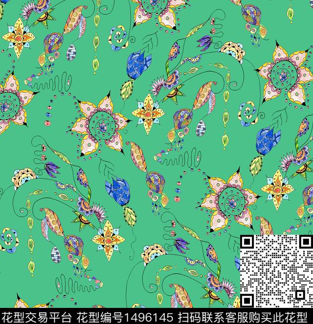 民族风手绘花卉佩斯利数码印花华亿平台下载（图片编号: 1496145） - 瓦栏（Walan）
