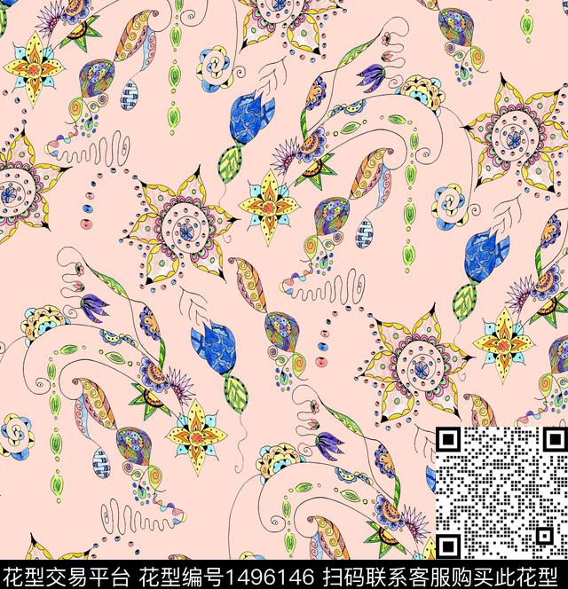 民族风手绘花卉佩斯利数码印花华亿平台下载（图片编号: 1496146） - 瓦栏（Walan）