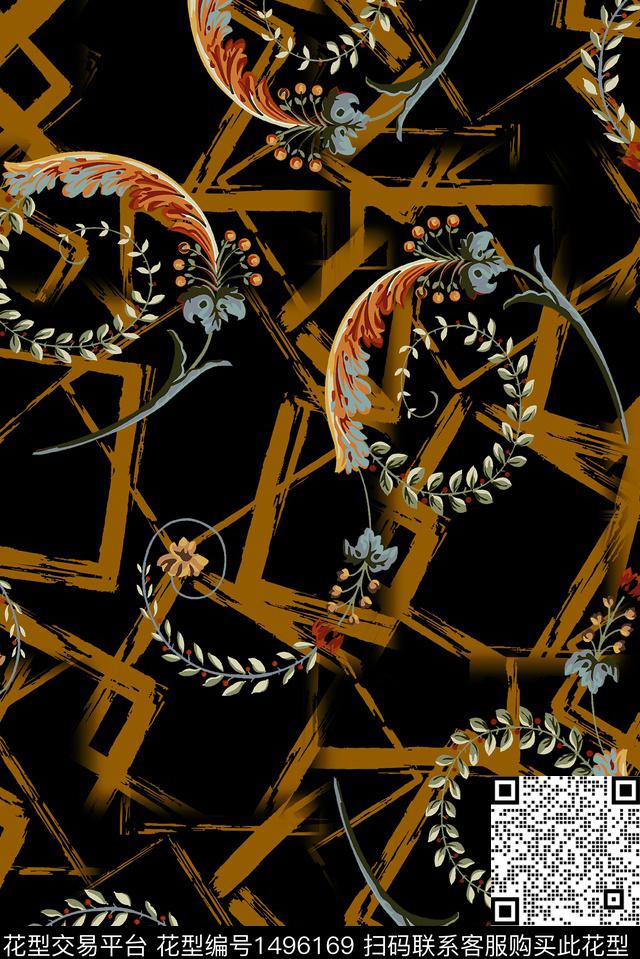 几何花卉大牌风数码印花华亿平台下载（图片编号: 1496169） - 瓦栏（Walan）
