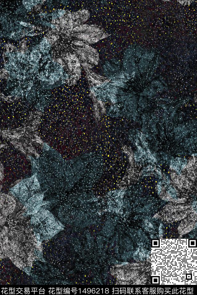 黑底花卉花卉大牌风数码印花华亿平台下载（图片编号: 1496218） - 瓦栏（Walan）