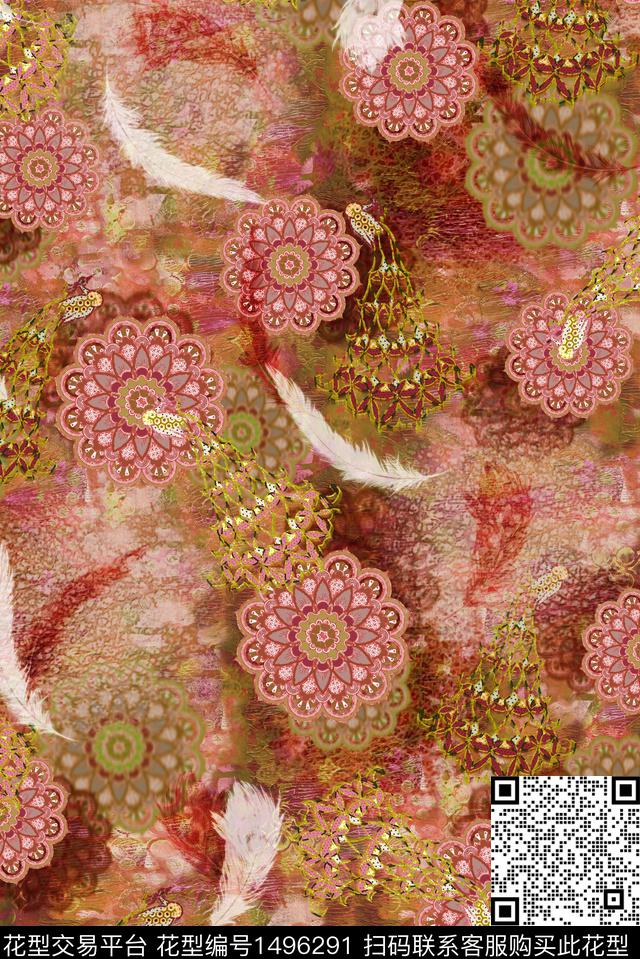 羽毛民族风抽象数码印花华亿平台下载（图片编号: 1496291） - 瓦栏（Walan）
