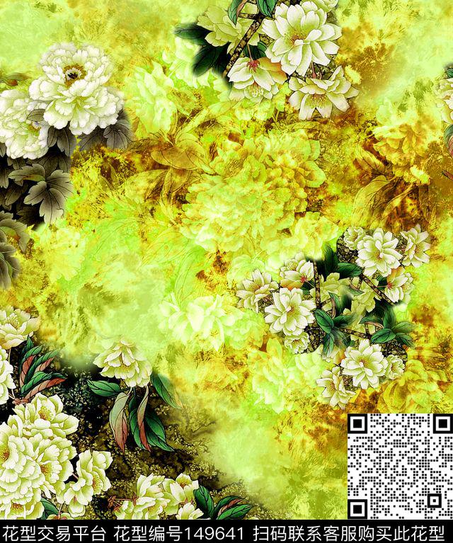 工笔画牡丹花卉数码印花华亿平台下载（图片编号: 149641） - 瓦栏（Walan）