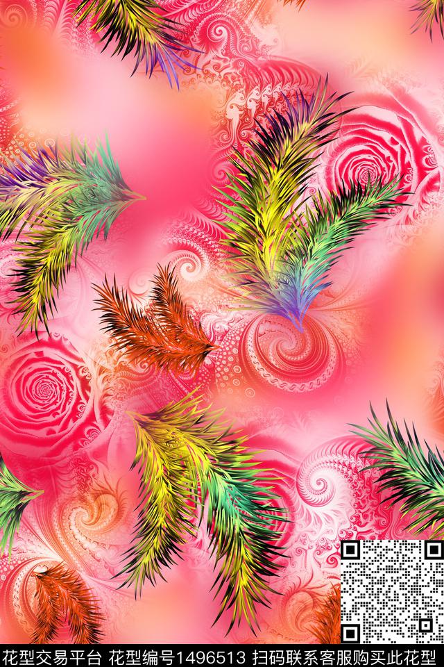 炫彩绿植树叶羽毛数码印花华亿平台下载（图片编号: 1496513） - 瓦栏（Walan）