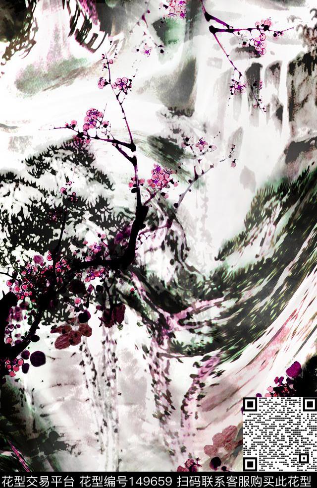 水墨花卉数码印花华亿平台下载（图片编号: 149659） - 瓦栏（Walan）