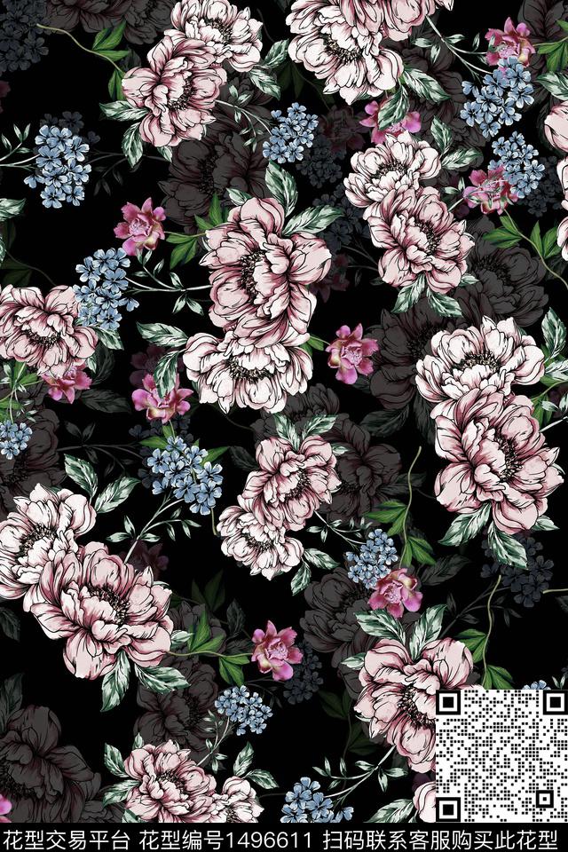 香云纱中国风牡丹数码印花华亿平台下载（图片编号: 1496611） - 瓦栏（Walan）