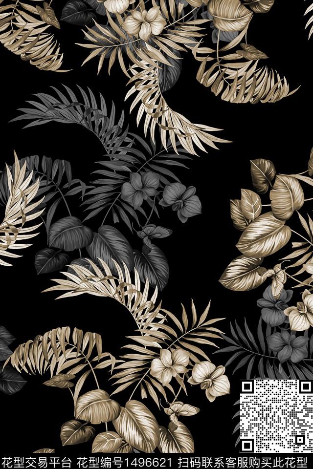 黑底花卉花卉大牌风数码印花华亿平台下载（图片编号: 1496621） - 瓦栏（Walan）