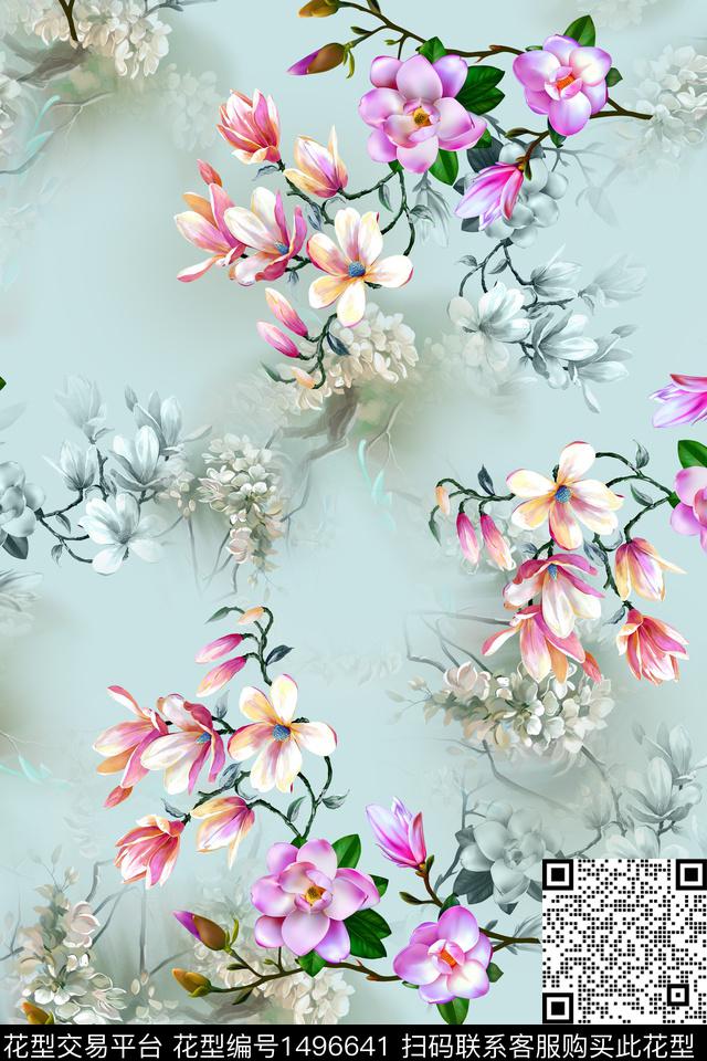 玉兰花花卉旗袍数码印花华亿平台下载（图片编号: 1496641） - 瓦栏（Walan）