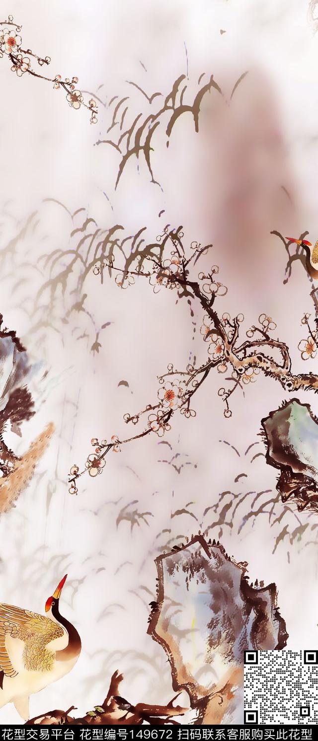 国画工笔画鹤数码印花华亿平台下载（图片编号: 149672） - 瓦栏（Walan）