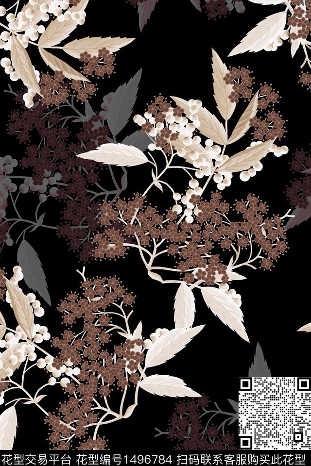 黑底花卉花卉大牌风数码印花华亿平台下载（图片编号: 1496784） - 瓦栏（Walan）