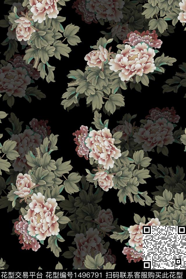香云纱中国风牡丹数码印花华亿平台下载（图片编号: 1496791） - 瓦栏（Walan）