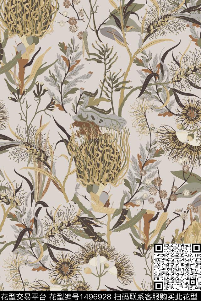 文艺复古花卉数码印花华亿平台下载（图片编号: 1496928） - 瓦栏（Walan）