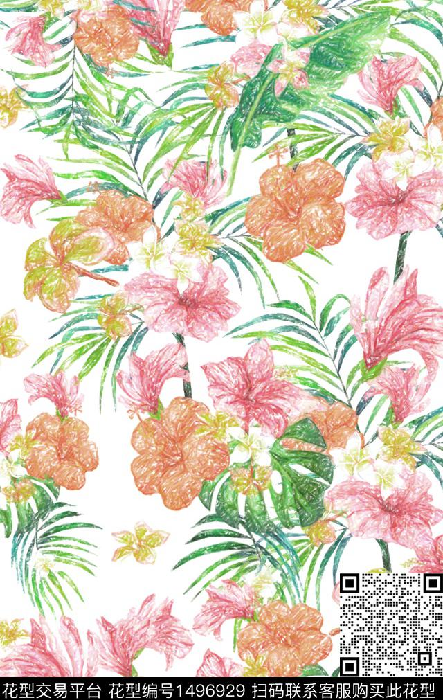 时尚绿植树叶花卉数码印花华亿平台下载（图片编号: 1496929） - 瓦栏（Walan）