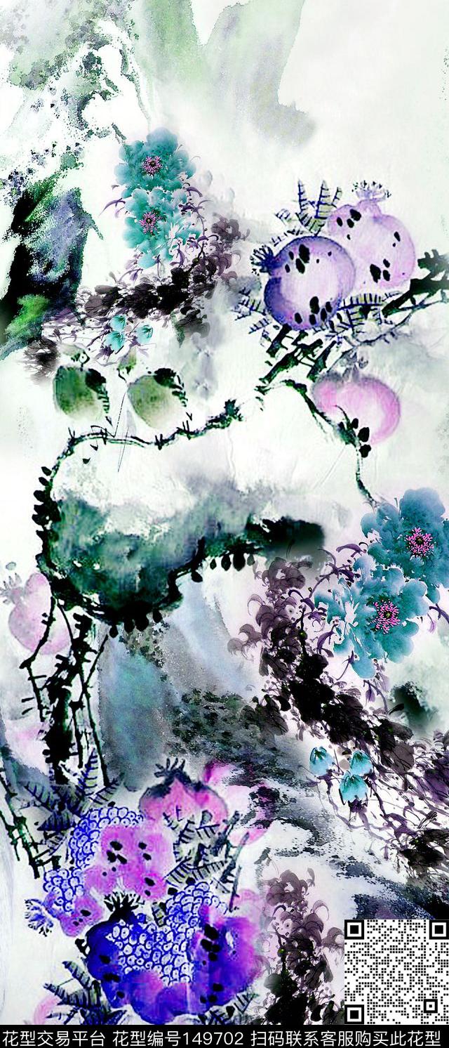 水墨画山水画中国风数码印花华亿平台下载（图片编号: 149702） - 瓦栏（Walan）