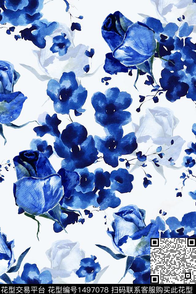 连衣裙抽象花卉玫瑰花数码印花华亿平台下载（图片编号: 1497078） - 瓦栏（Walan）