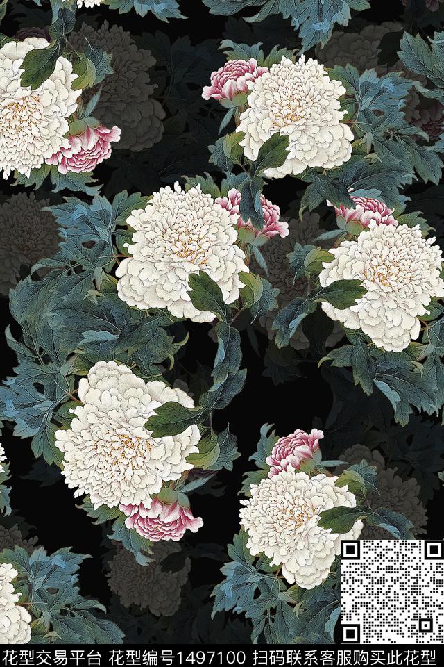 香云纱中国风花卉数码印花华亿平台下载（图片编号: 1497100） - 瓦栏（Walan）