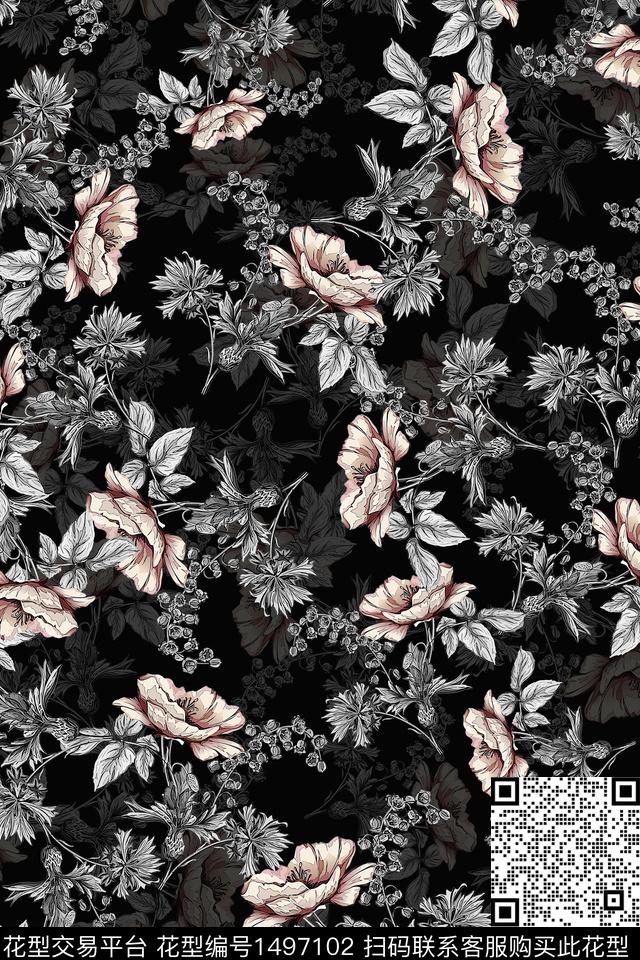 香云纱中国风花卉数码印花华亿平台下载（图片编号: 1497102） - 瓦栏（Walan）