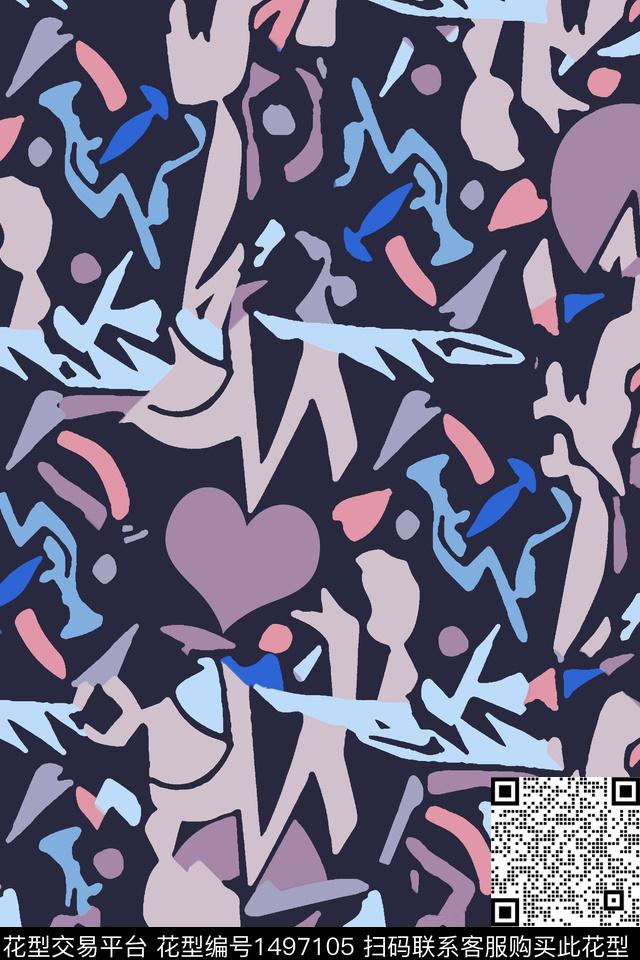 几何元素手绘抽象年轻女性数码印花华亿平台下载（图片编号: 1497105） - 瓦栏（Walan）