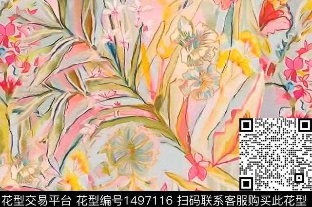 植物手绘抽象年轻女性数码印花华亿平台下载（图片编号: 1497116） - 瓦栏（Walan）