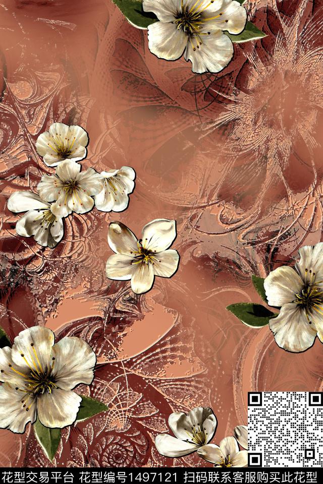 花卉大花抽象底纹数码印花华亿平台下载（图片编号: 1497121） - 瓦栏（Walan）