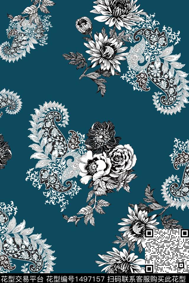 简约佩斯利花纹数码印花华亿平台下载（图片编号: 1497157） - 瓦栏（Walan）