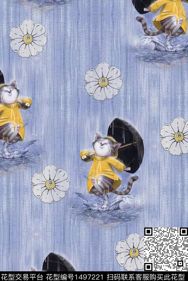 卡通小猫花卉数码印花华亿平台下载（图片编号: 1497221） - 瓦栏（Walan）