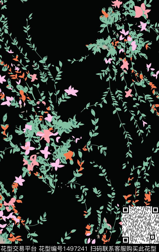 黑底花卉花卉大牌风传统印花华亿平台下载（图片编号: 1497241） - 瓦栏（Walan）
