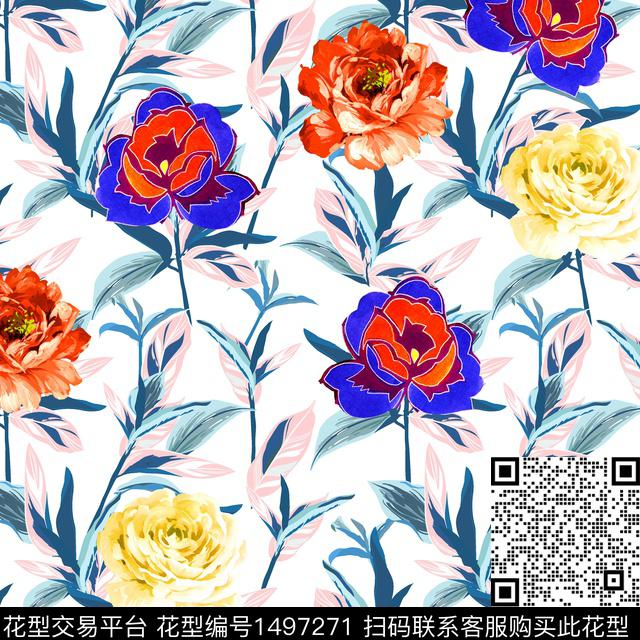 扎染华亿平台玫瑰花花卉数码印花华亿平台下载（图片编号: 1497271） - 瓦栏（Walan）