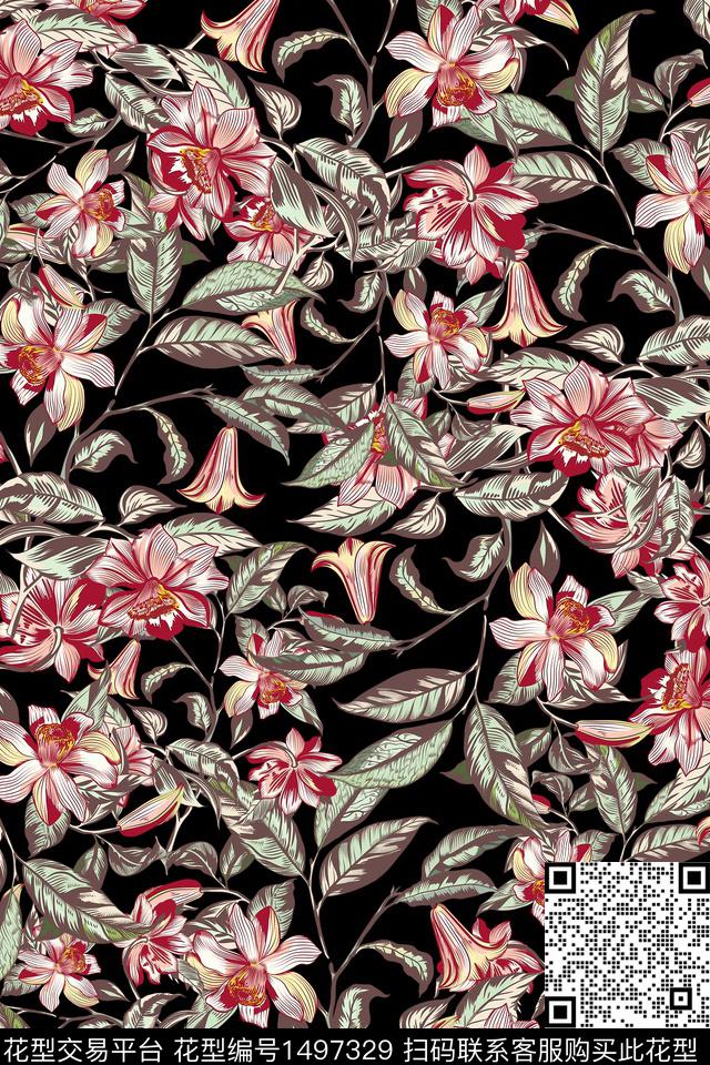 香云纱中国风花卉数码印花华亿平台下载（图片编号: 1497329） - 瓦栏（Walan）