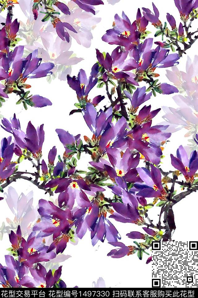 花鸟水墨风民族风数码印花华亿平台下载（图片编号: 1497330） - 瓦栏（Walan）
