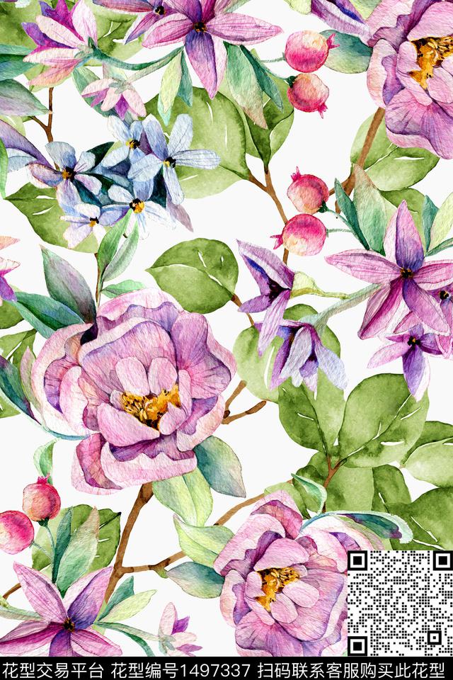 绿植树叶连衣裙清爽底花卉数码印花华亿平台下载（图片编号: 1497337） - 瓦栏（Walan）