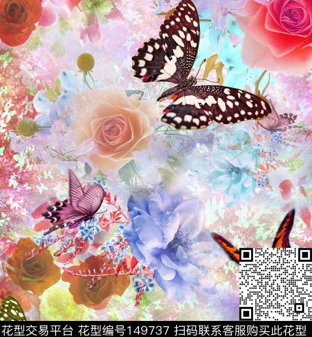 蝴蝶花朵变化数码印花华亿平台下载（图片编号: 149737） - 瓦栏（Walan）