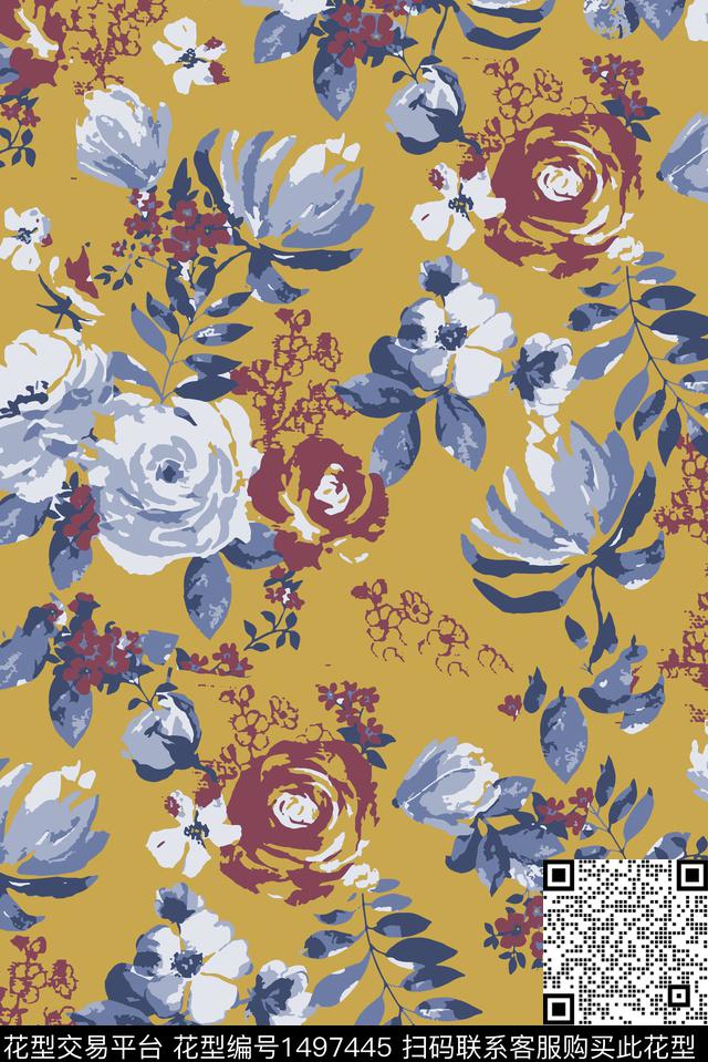 文艺复古花卉数码印花华亿平台下载（图片编号: 1497445） - 瓦栏（Walan）