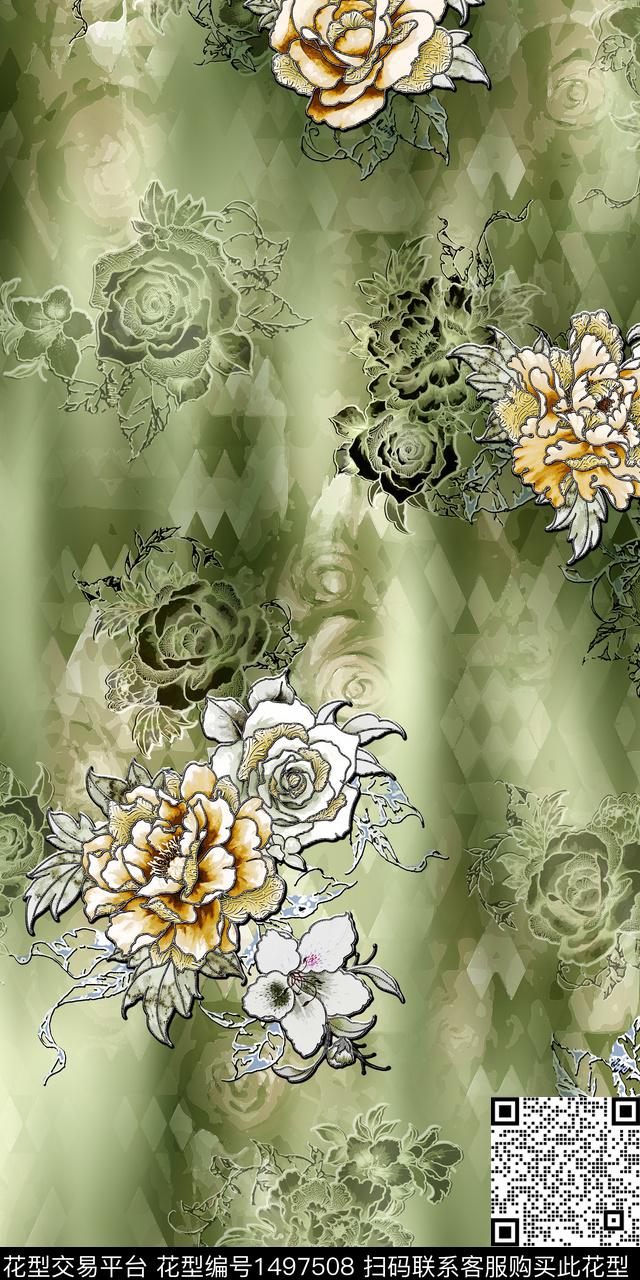 花卉几何中国风数码印花华亿平台下载（图片编号: 1497508） - 瓦栏（Walan）