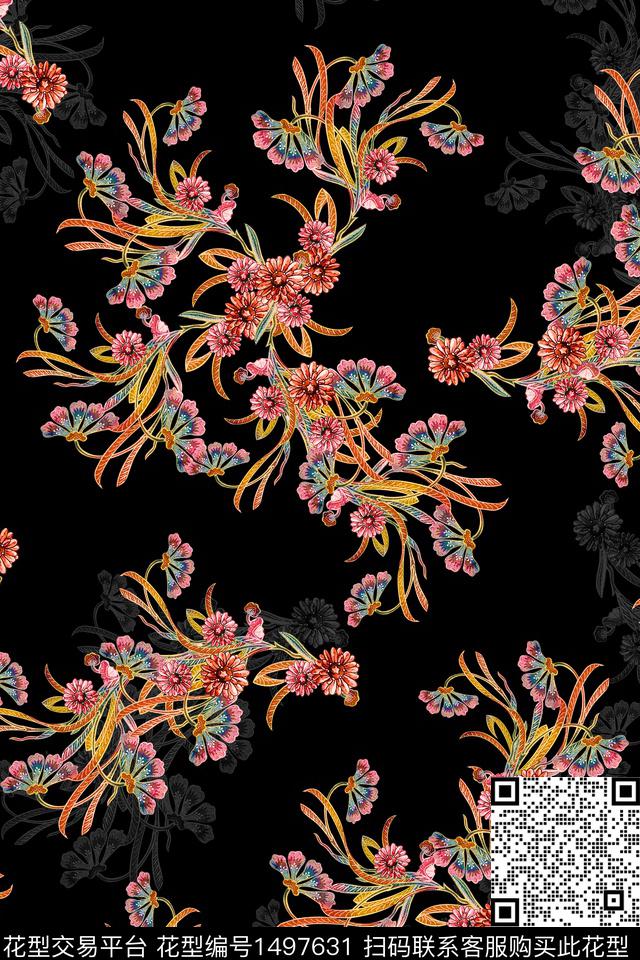 黑底花卉植物雕印工艺数码印花华亿平台下载（图片编号: 1497631） - 瓦栏（Walan）