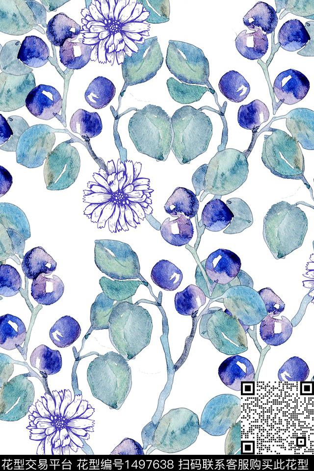 绿植树叶清爽底花卉小清新数码印花华亿平台下载（图片编号: 1497638） - 瓦栏（Walan）