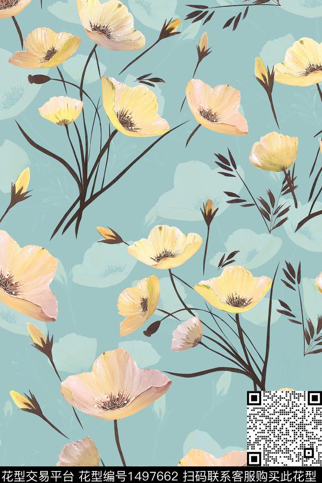 花卉大牌风小清新数码印花华亿平台下载（图片编号: 1497662） - 瓦栏（Walan）