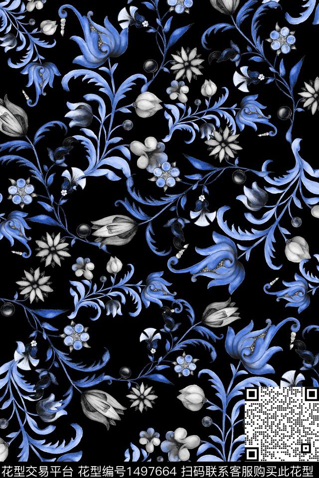 黑底花卉佩斯利大牌风数码印花华亿平台下载（图片编号: 1497664） - 瓦栏（Walan）