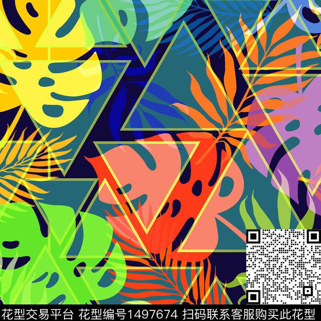 几何三角形绿植树叶数码印花华亿平台下载（图片编号: 1497674） - 瓦栏（Walan）