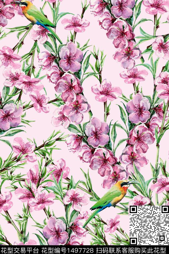 绿植树叶田园花鸟数码印花华亿平台下载（图片编号: 1497728） - 瓦栏（Walan）