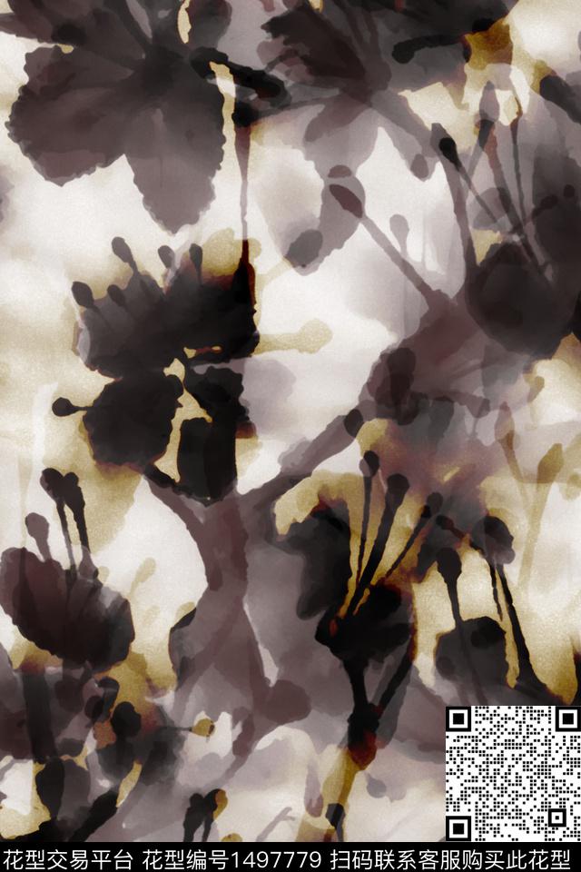 抽象花卉配饰水墨风数码印花华亿平台下载（图片编号: 1497779） - 瓦栏（Walan）