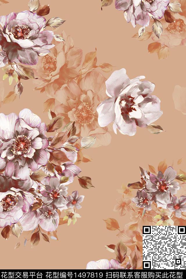 花卉香云纱大牌风数码印花华亿平台下载（图片编号: 1497819） - 瓦栏（Walan）