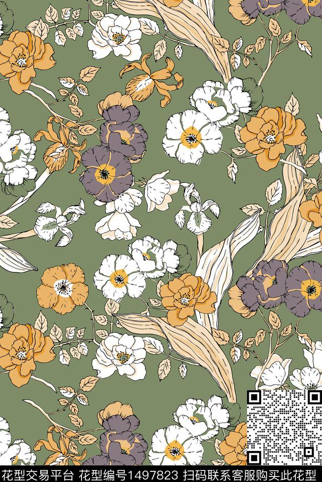 复古花卉大牌风数码印花华亿平台下载（图片编号: 1497823） - 瓦栏（Walan）
