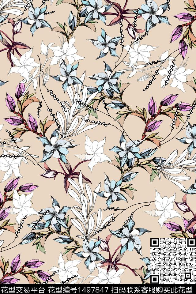 绿植树叶花卉大牌风数码印花华亿平台下载（图片编号: 1497847） - 瓦栏（Walan）