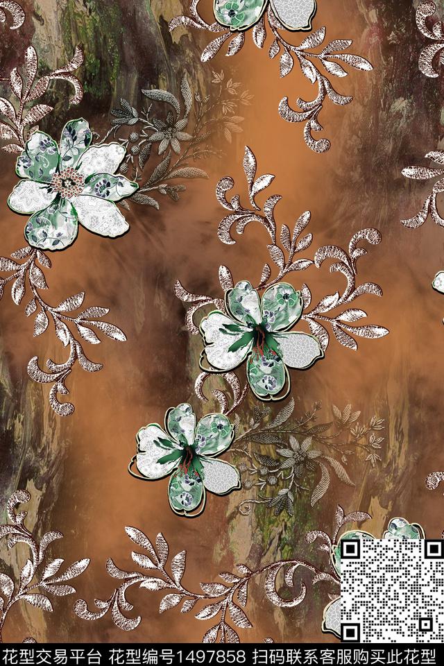 花卉抽象云纹底纹数码印花华亿平台下载（图片编号: 1497858） - 瓦栏（Walan）