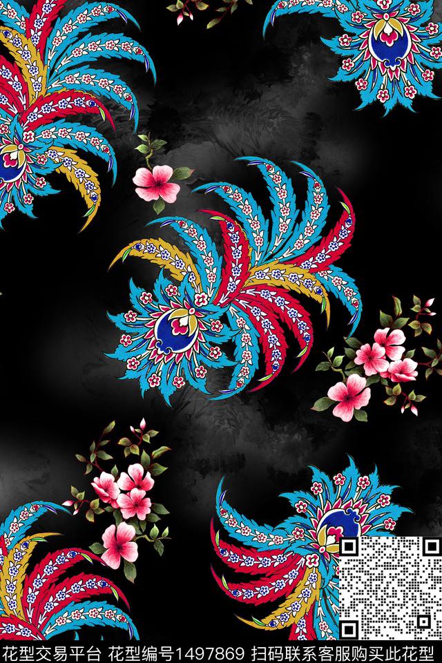 黑底花卉植物雕印工艺数码印花华亿平台下载（图片编号: 1497869） - 瓦栏（Walan）