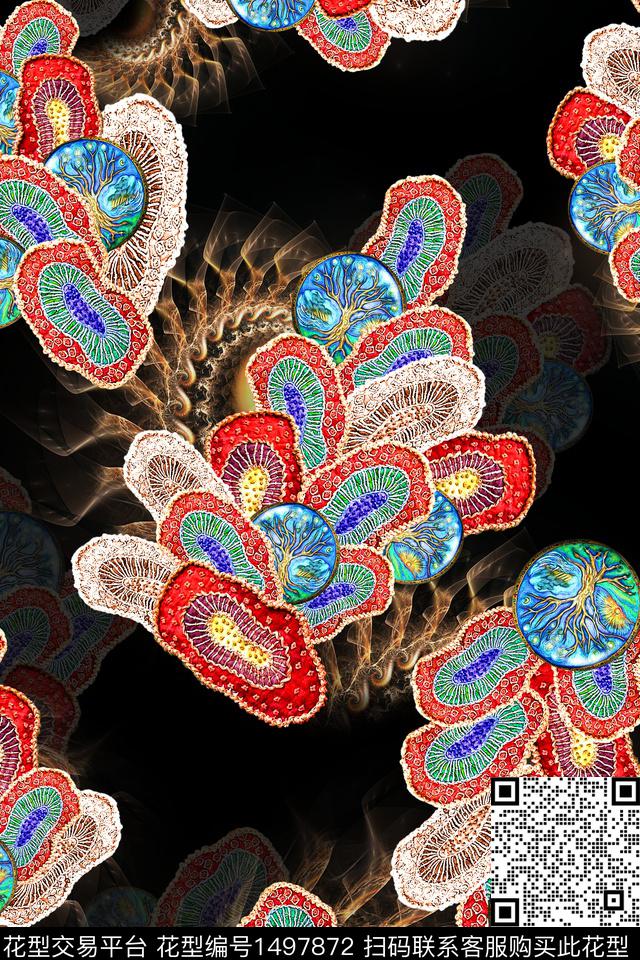 黑底花卉植物雕印工艺数码印花华亿平台下载（图片编号: 1497872） - 瓦栏（Walan）