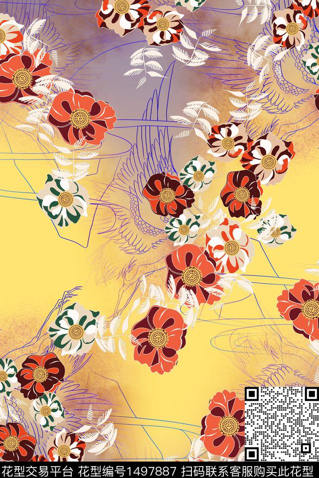 扎染华亿平台花卉中国风数码印花华亿平台下载（图片编号: 1497887） - 瓦栏（Walan）