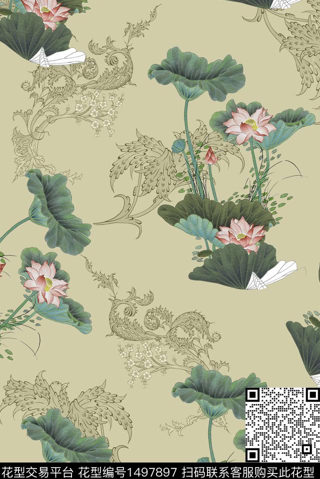 荷花花卉中国风数码印花华亿平台下载（图片编号: 1497897） - 瓦栏（Walan）